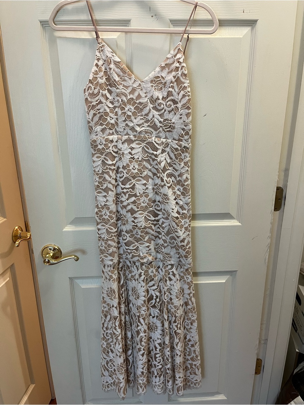 Lace Overlay Maxi Dress in White over Nude